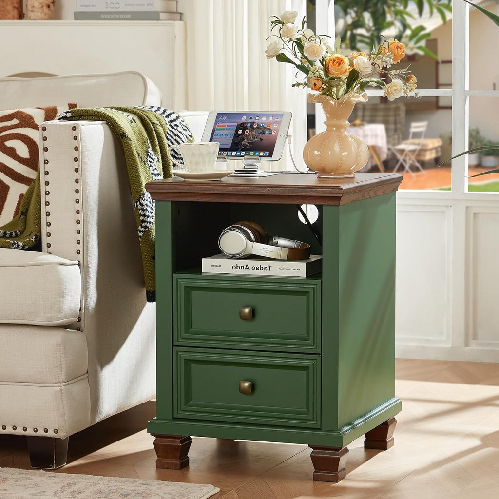SAVOR LIFE Farmhouse Nightstand Set of 2 with Charging Station, Green | End Tables Bedroom with 2 Drawers, Traditional Night Stand with Open Shelf & Thickened Top & Square Wooden Legs