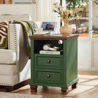 SAVOR LIFE Farmhouse Nightstand Set of 2 with Charging Station, Green | End Tables Bedroom with 2 Drawers, Traditional Night Stand with Open Shelf & Thickened Top & Square Wooden Legs