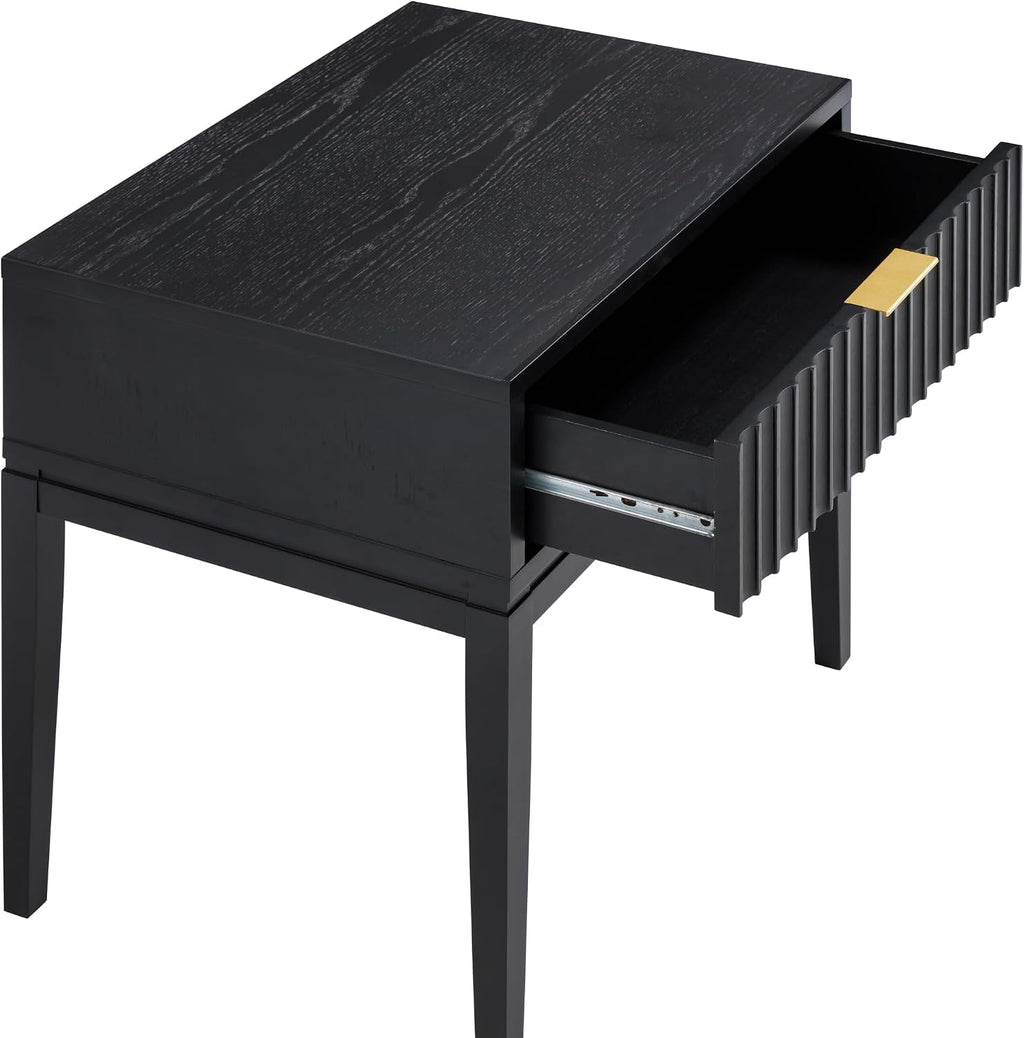 Nathan James Jasper Boho Side Table, Solid Wood Bedroom Nightstand or Bedside Table with Drawer with Fluted Doors and Brass Handles, Black