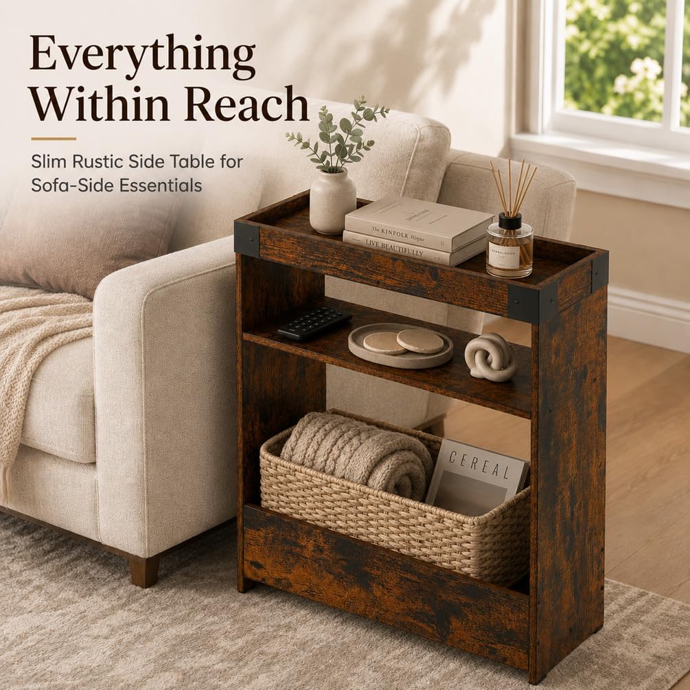 Farmhouse Narrow Side Table with Tray Top & Magazine Rack, Sofa Couch Side Table with Storage Shelf, Slim End Table for Small Spaces, Modern Nightstand for Bedroom, Living Room (Rustic Brown)