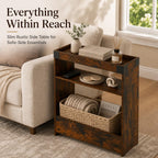 Farmhouse Narrow Side Table with Tray Top & Magazine Rack, Sofa Couch Side Table with Storage Shelf, Slim End Table for Small Spaces, Modern Nightstand for Bedroom, Living Room (Rustic Brown)