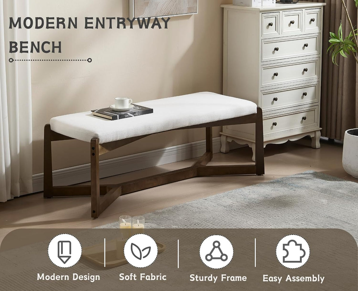 CIMOTA 49 Inch Modern Entryway Bench, Upholstered Bedroom Bench with Solid Wood Frame, Y-Shaped Foot, Comfy Ottoman for Bedroom End of Bed/Hallway/Living Room/Indoor, Linen Beige