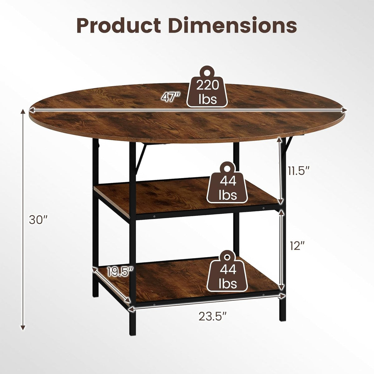 GOFLAME Round Dining Table for 4-6 People, 47” Kitchen Table with 2-Tier Storage Shelves and Heavy-Duty Metal Frame, Industrial Dinner Table for Kitchen, Dining Room, Apartment, Rustic Brown