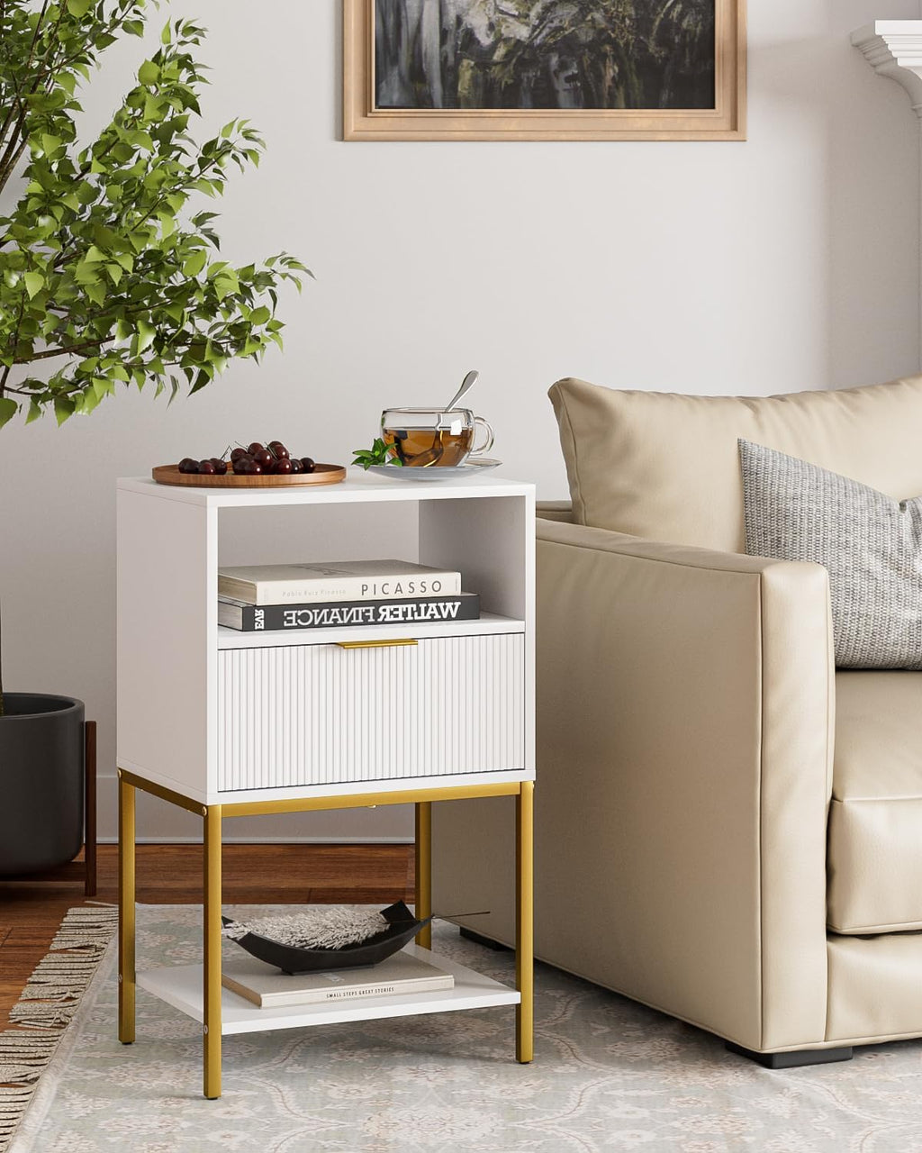 Nightstand,Modern Bedside Table with One Drawer and Two Shelf，White Night Stand，Tall End Table with Gold Frame for Bedroom,Living Room,Wave