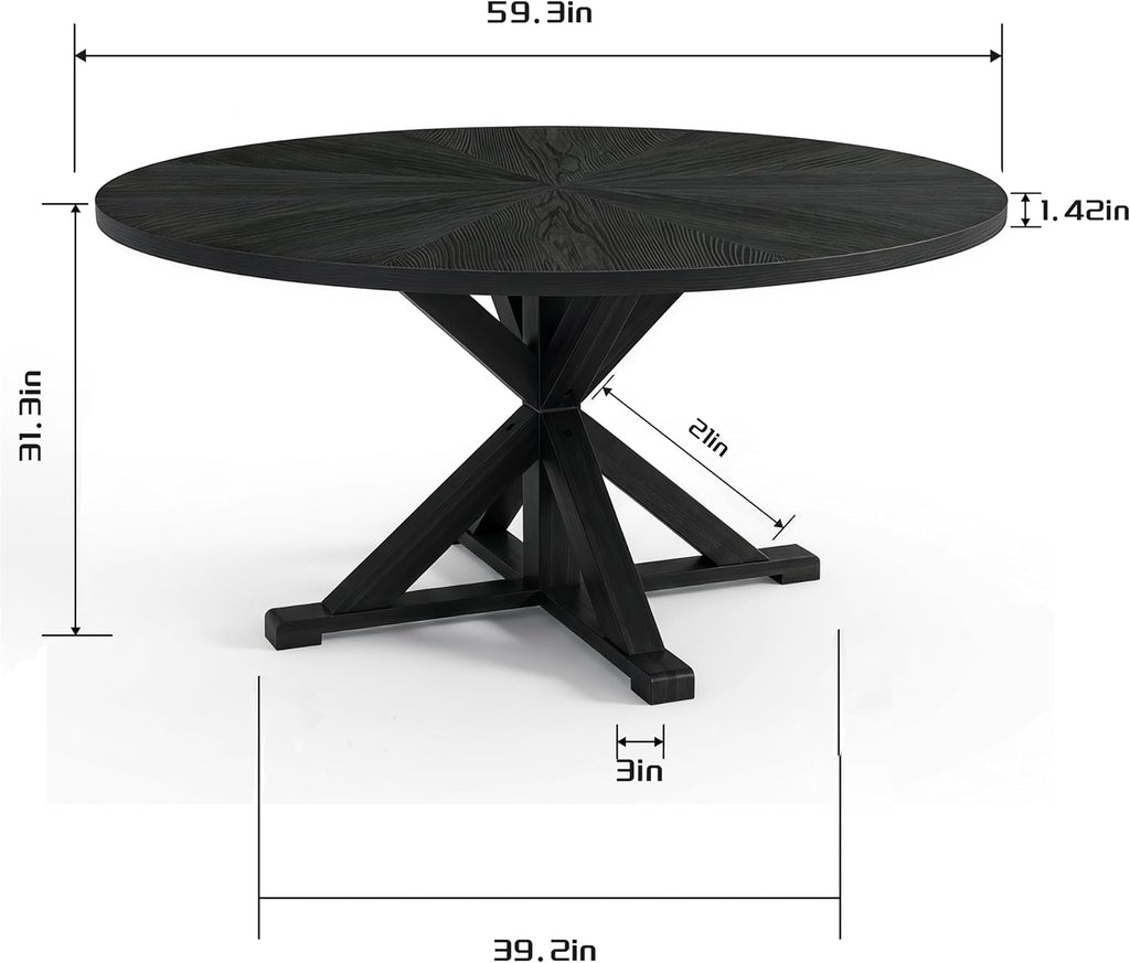 59" Solid Wood Round Dining Table for 6-8, Rustic Round Dining Room Table for Home Dining Room, Kitchen, Living Room, Wooden Trestle Pedestal Base, Black