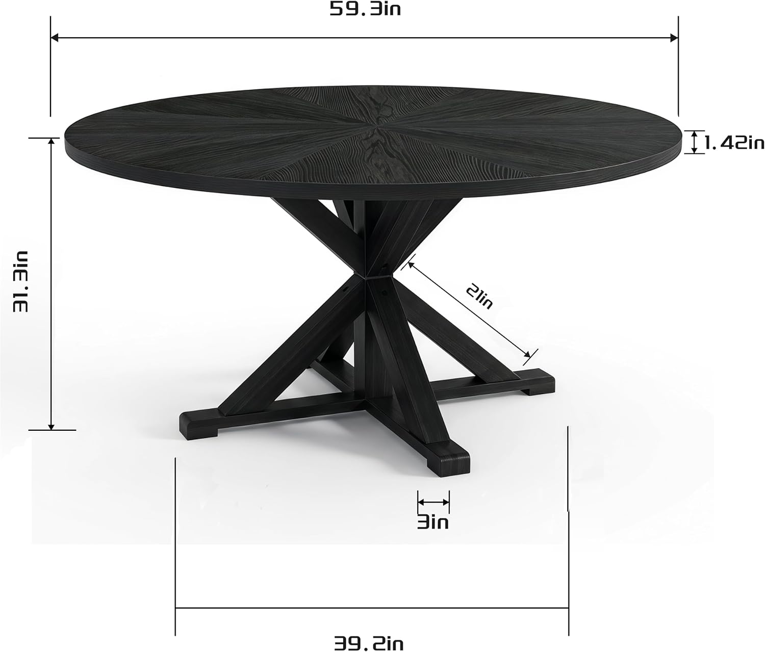 59" Solid Wood Round Dining Table for 6-8, Rustic Round Dining Room Table for Home Dining Room, Kitchen, Living Room, Wooden Trestle Pedestal Base, Black