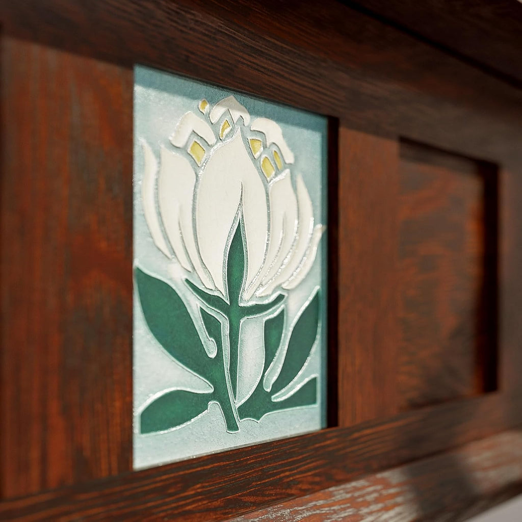 Stickley 125th Anniversary Floral Tile Console, End Table, Nightstand, Solid Oak, Centennial Finish, Mission Style, Removable Ceramic Art Tile, 1 Drawer, 31.5in W x 16in D x 30in H, Made in USA