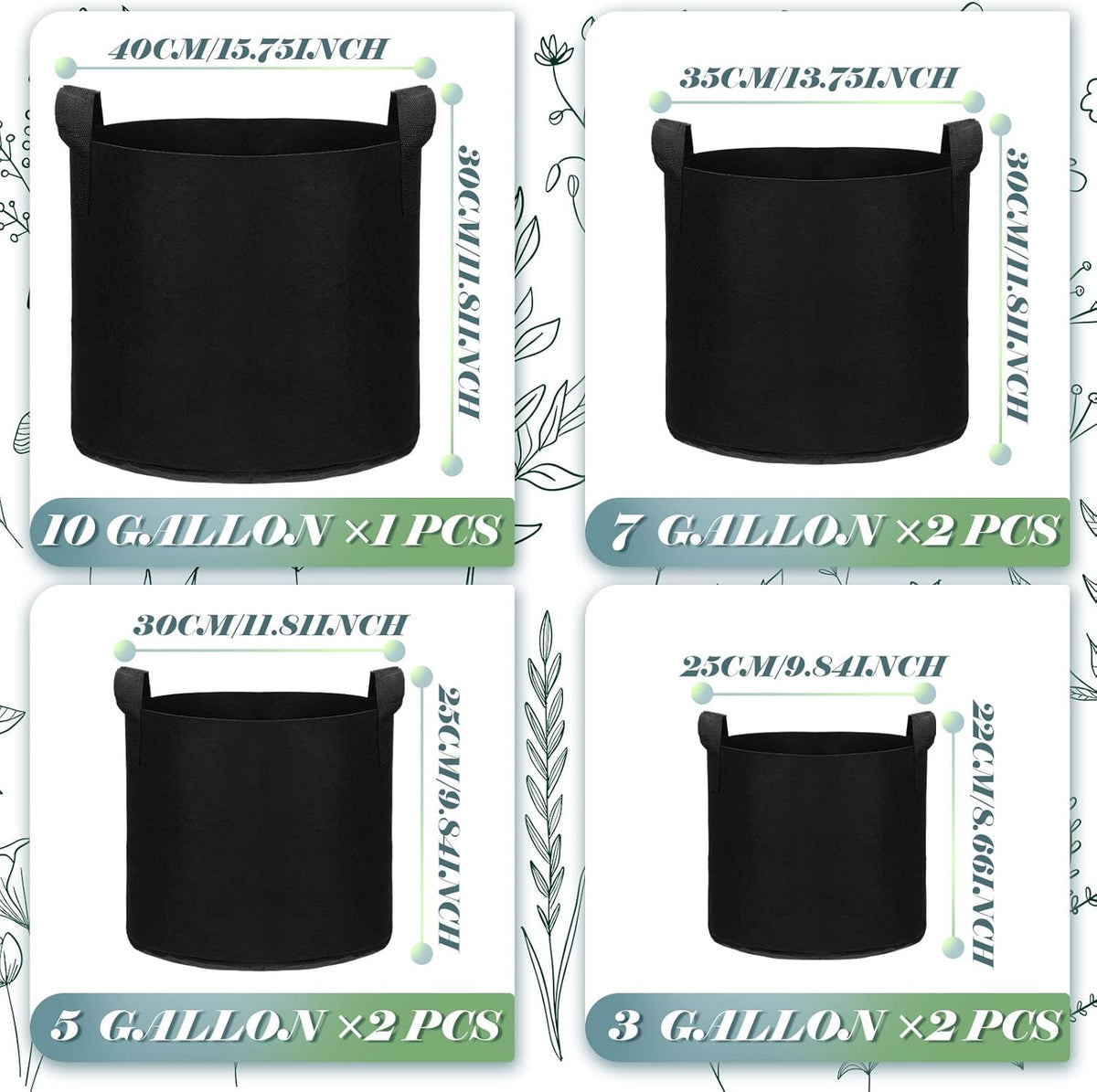Hoolerry 7 Pack Black Plant Grow Bags Thickened Non Woven Grow Bags in 4 Sizes 10, 7, 5 and 3 Gallons Aeration Fabric Pots with Handles