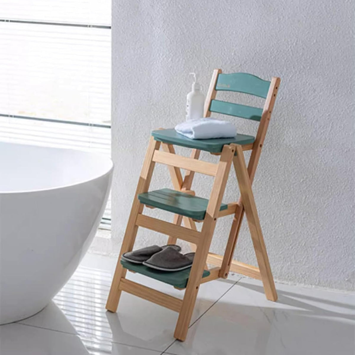 Folding Bar Stool, 3 Step Portable Adults Solid Wood Ladder Stool, Green | 3 Step Folding Stool Multifunction Portable for Household Kitchen, Counter Chair, Bathroom Storage Shelf