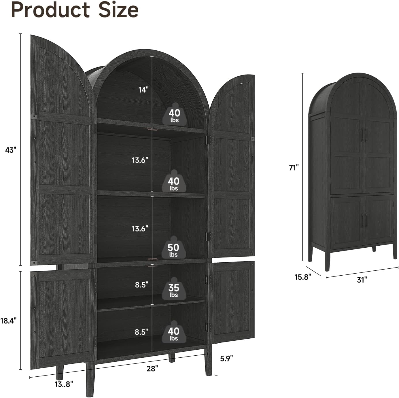 ONBRILL 71" Tall Wooden Arched Cabinet, 5-Tier Arched Kitchen Pantry Cabinet with Doors & Shelves, Farmhouse Kitchen Arch Cabinets with Adjustable Feet, Wooden Pantry Storage for Dining Room(Black)