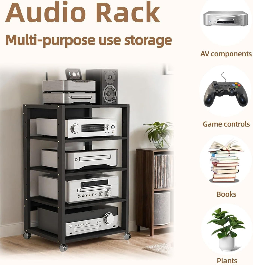 5 Tier AV Media Stand, Audio Rack Tower Stereo Components Cabinet | Home Theatre CD Record Player Stereo Receiver Equipment Rack with Adjustable Wood Shelves, Load 220lbs (Black)