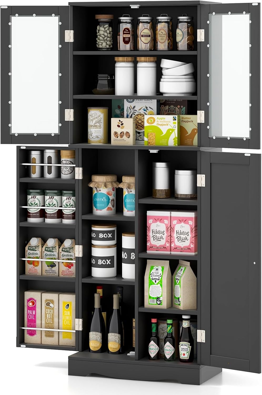 SlickBlue Tall Kitchen Pantry Cabinet with Tempered Glass Doors and Storage Shelves