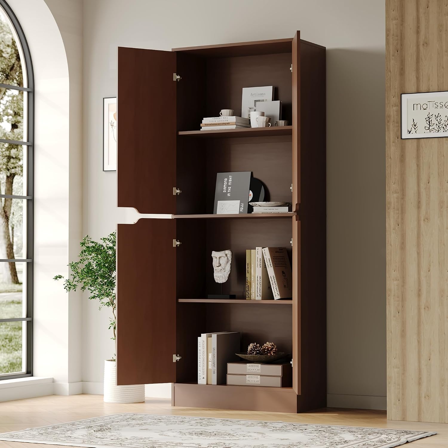 Housoul 71" Tall Kitchen Pantry Cabinet with 4 Doors, Walnut | Pantry Storage Cabinet with Adjustable Shelves, Freestanding Kitchen Pantry Cabinet, Cupboard Larder Cabinet for Dining Room