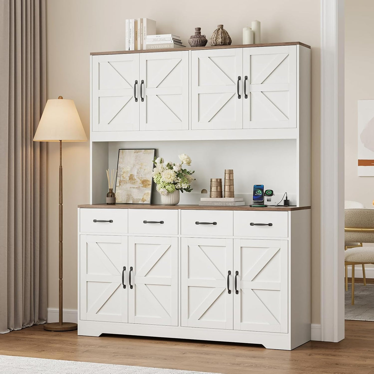 71'' Tall Pantry Cabinet with Charging Station, Large Modern Pantry Storage Cabinet with Adjustable Shelves, 4 Drawers & 4 Cabinets, 41'' Wide Kitchen Hutch with Countertop for Dining Room, White