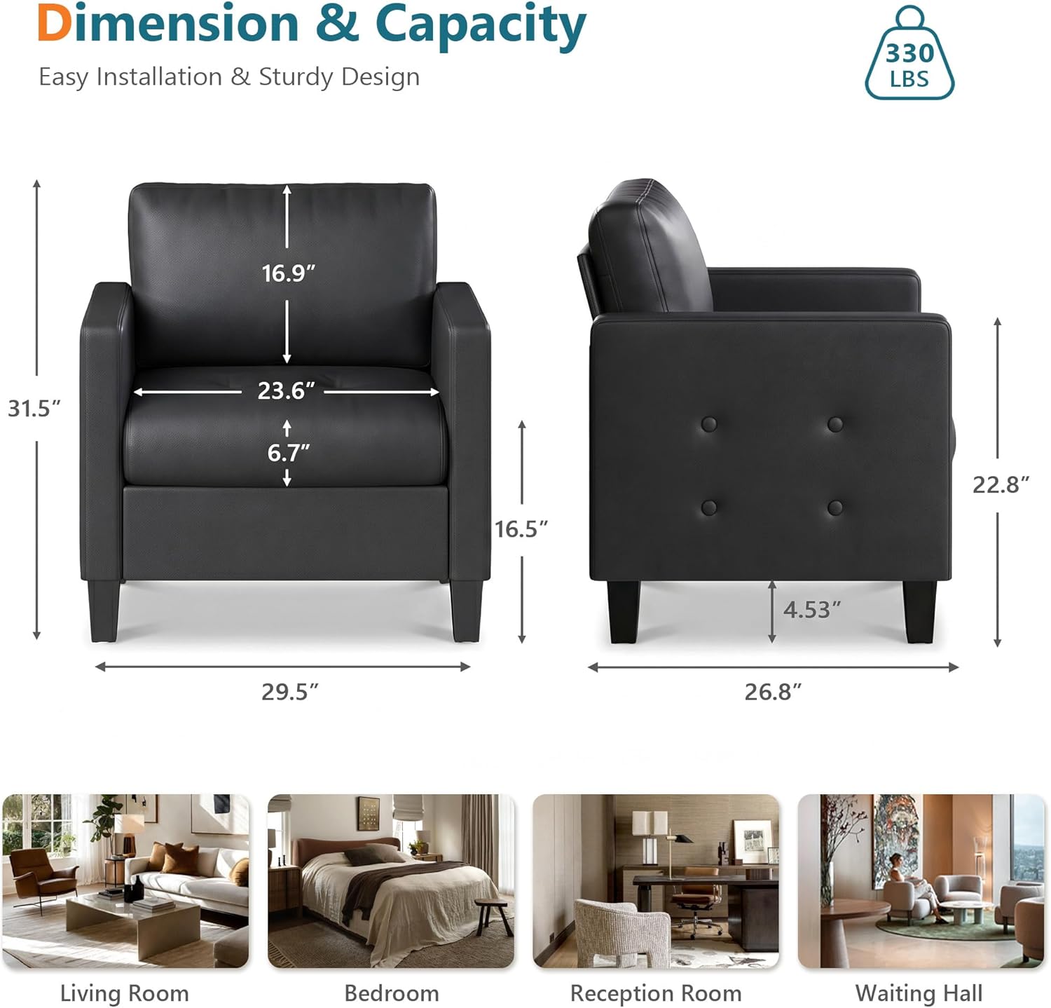 STHOUYN Black Accent Chairs Set of 2, Faux Leather Chair, Mid-Century Modern Living Room Chairs, Cozy Office Reading Chair with Tufted Armrest and Seat, Armchairs for Waiting Room, Bedroom (2)