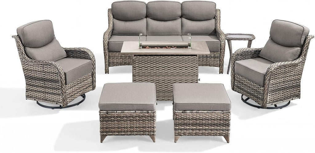 Luxury Patio Furniture Set with 6-inch Thick Cushion, Outdoor Furniture with Fire Pit Table, Swivel Chairs, Sofa, Side Table, Ottomans, 7pcs Wicker Conversation Set (Grey Wicker/Grey Cushion)