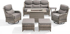 Luxury Patio Furniture Set with 6-inch Thick Cushion, Outdoor Furniture with Fire Pit Table, Swivel Chairs, Sofa, Side Table, Ottomans, 7pcs Wicker Conversation Set (Grey Wicker/Grey Cushion)