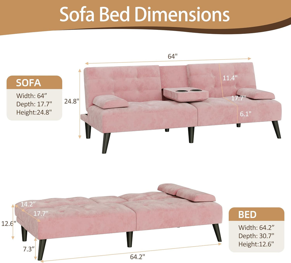 JAMFLY Futon Sofa Bed, 64" Small Futon Couch with Adjustable Backrest, 3-Angle Recliner, Detachable Armrests with Cup Holders for Small Spaces (Pink Velvet)