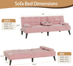 JAMFLY Futon Sofa Bed, 64" Small Futon Couch with Adjustable Backrest, 3-Angle Recliner, Detachable Armrests with Cup Holders for Small Spaces (Pink Velvet)