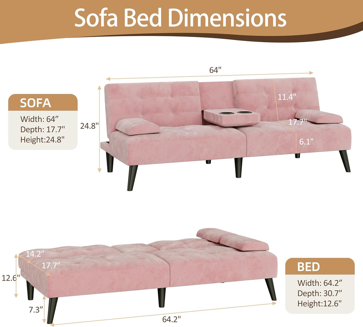 JAMFLY Futon Sofa Bed, 64" Small Futon Couch with Adjustable Backrest, 3-Angle Recliner, Detachable Armrests with Cup Holders for Small Spaces (Pink Velvet)