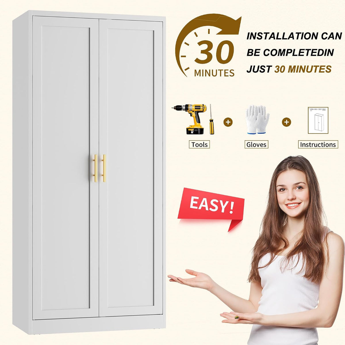 CJF White Kitchen Pantry Cabinet,71 Inch Tall Metal Storage Cabinet with 4 Adjustable Shelves and Doors, Freestanding Pantry Cabinet for Kitchen, Living Room, Dining Room, Bathroom, Easy to Assemble