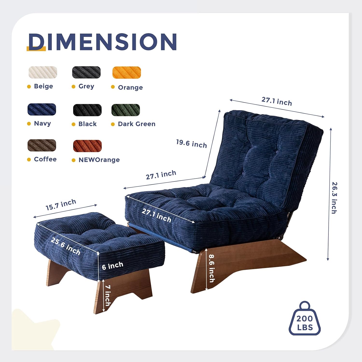 MAXYOYO Accent Chair with Ottoman, Lounge Chair with Adjustable Backrest | Tufted Living Room Chair Upholstered Lounge Chair with Footrest Set, Modern Chair for Reading Room, Navy