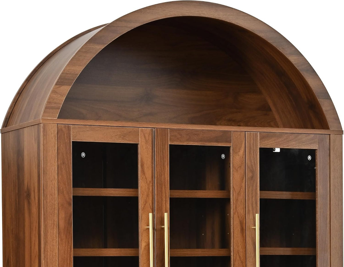 73" Tall Arched Kitchen Pantry with Three Glass Doors,Door Shelves & Adjustable Shelves, Tall Cupboard for Dining Room, Bathroom (Walnut-CW)