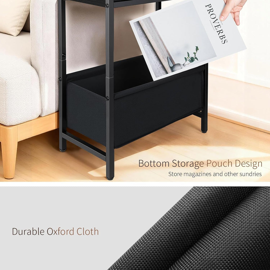 Long Narrow Side Tables Set of 2 with Charging Station, Slim Nightstand with Drawer and Fabric Basket, Skinny End Table for Living Room, Bedroom, Small Spaces, Black