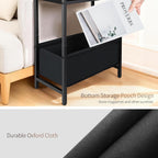Long Narrow Side Tables Set of 2 with Charging Station, Slim Nightstand with Drawer and Fabric Basket, Skinny End Table for Living Room, Bedroom, Small Spaces, Black