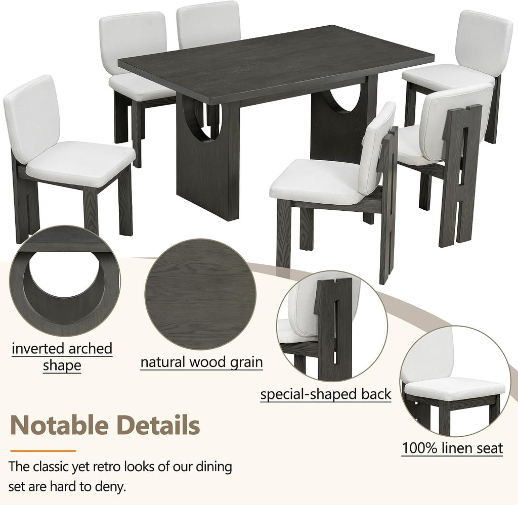 Merax Wood Dining Table Set for 6, Rectangular Tabletop/Upholstered Chairs/Retro Geometric Design, Ideal for Dining-Room and Kitchen, Grey