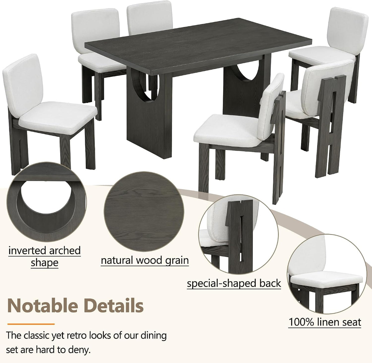 Merax Wood Dining Table Set for 6, Rectangular Tabletop/Upholstered Chairs/Retro Geometric Design, Ideal for Dining-Room and Kitchen, Grey