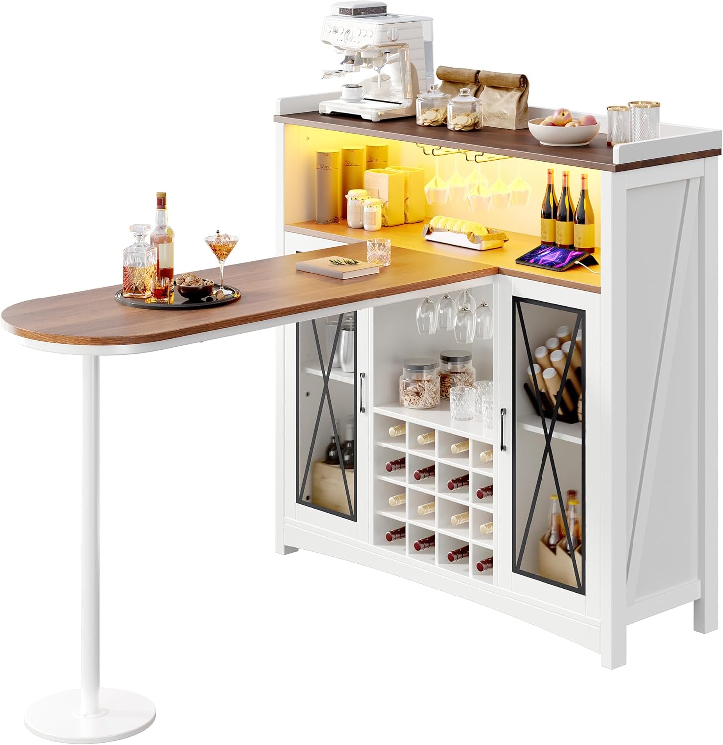DWVO Farmhouse Wine Bar Cabinet with LED Lights, 47" Coffee Bar Station w/Bar Table, Wine Racks and Glass Holders, Clear Barn Door, Wood Kitchen Buffet Cabinet w/Storage for Living Dining Room, White