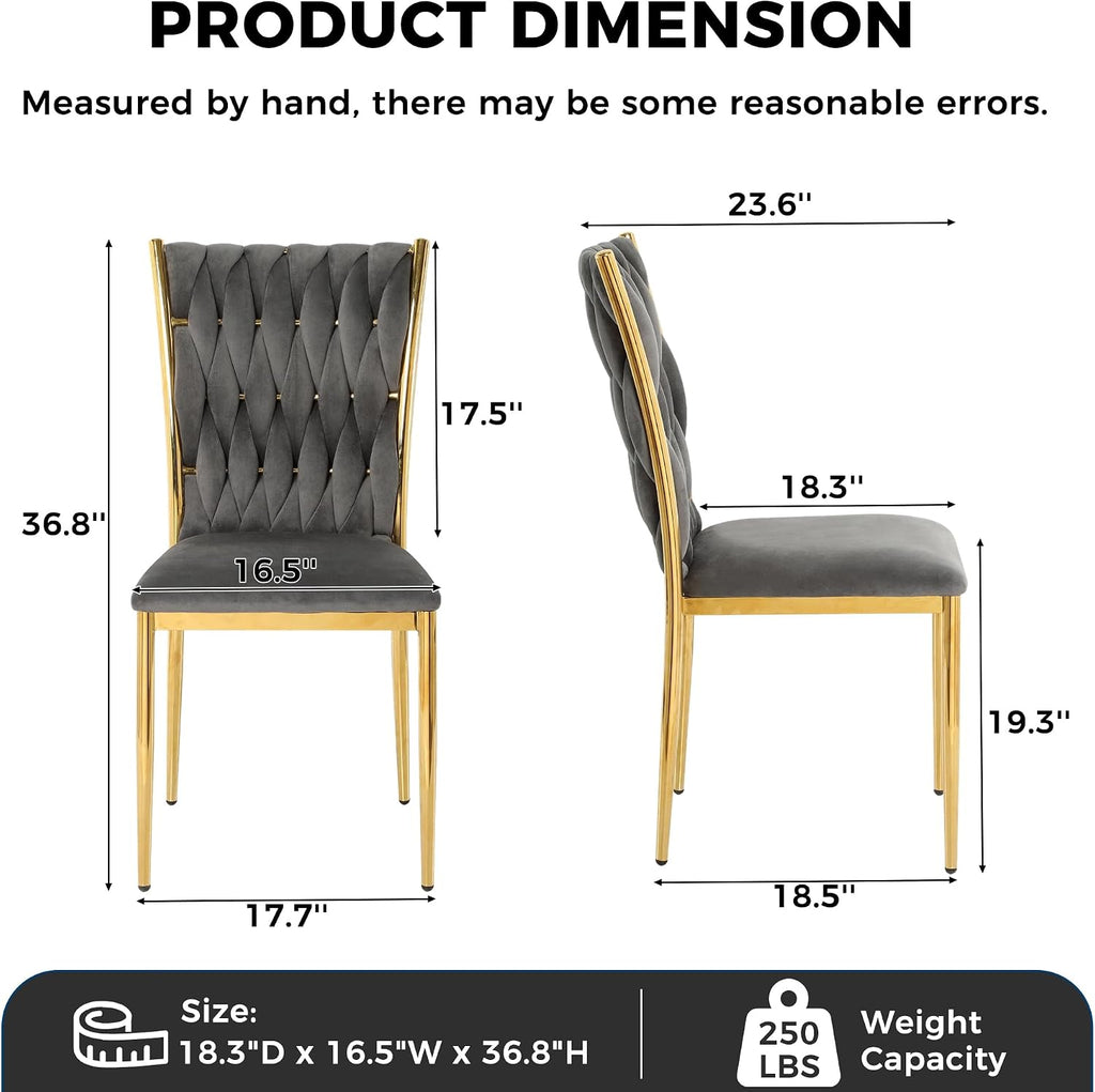 Velvet Dining Chairs Set of 4, Modern Woven Kitchen Chairs with Gold Metal Legs, Upholstered Cushion with High Back, Dirt Resistance, Easy to Install, for Living Room, Dining Room - Dark Grey