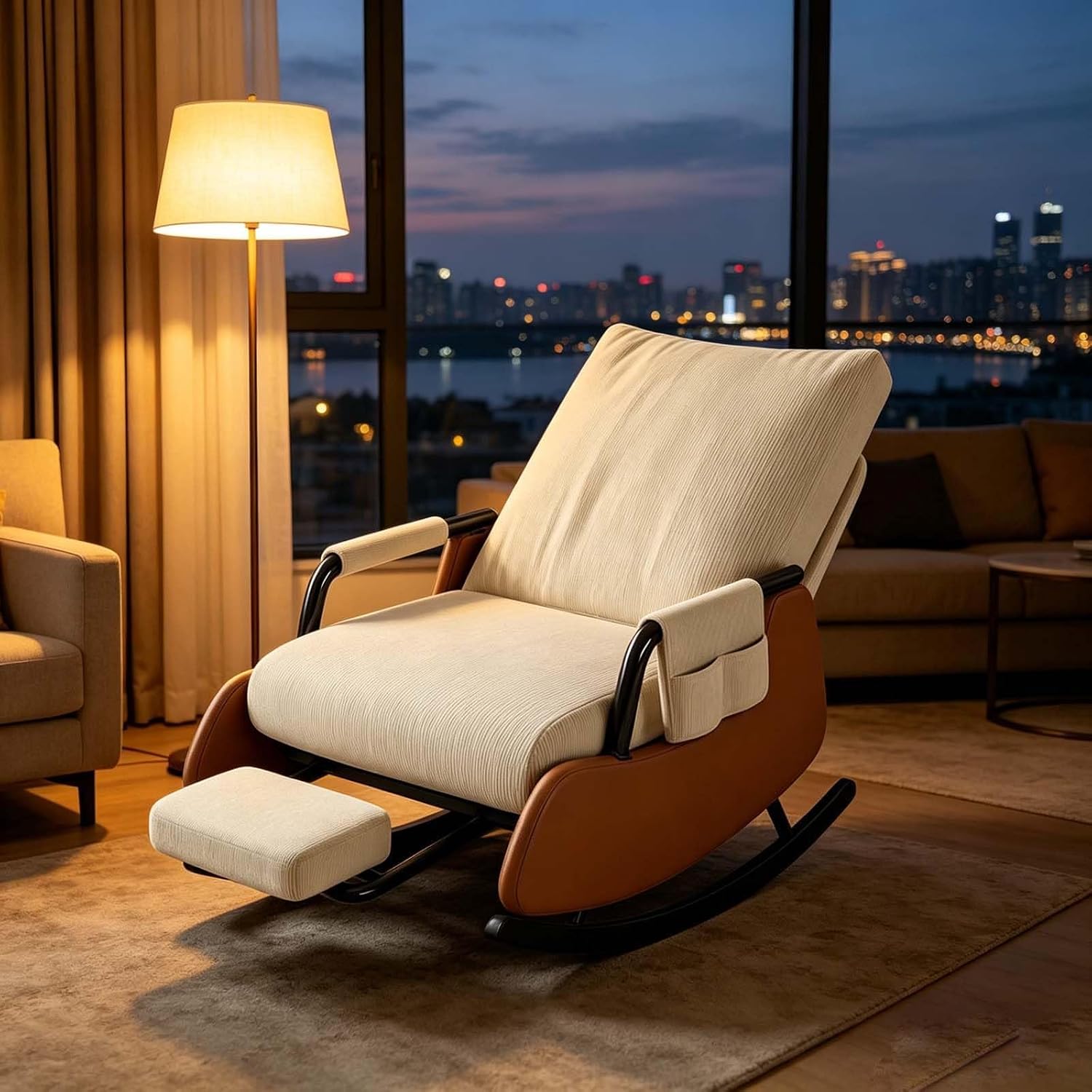 Portable Folding Rocking Lounge Chair with Detachable Footrest | Breathable Corduroy Single Relax Chair with Side Pocket for Home Rest