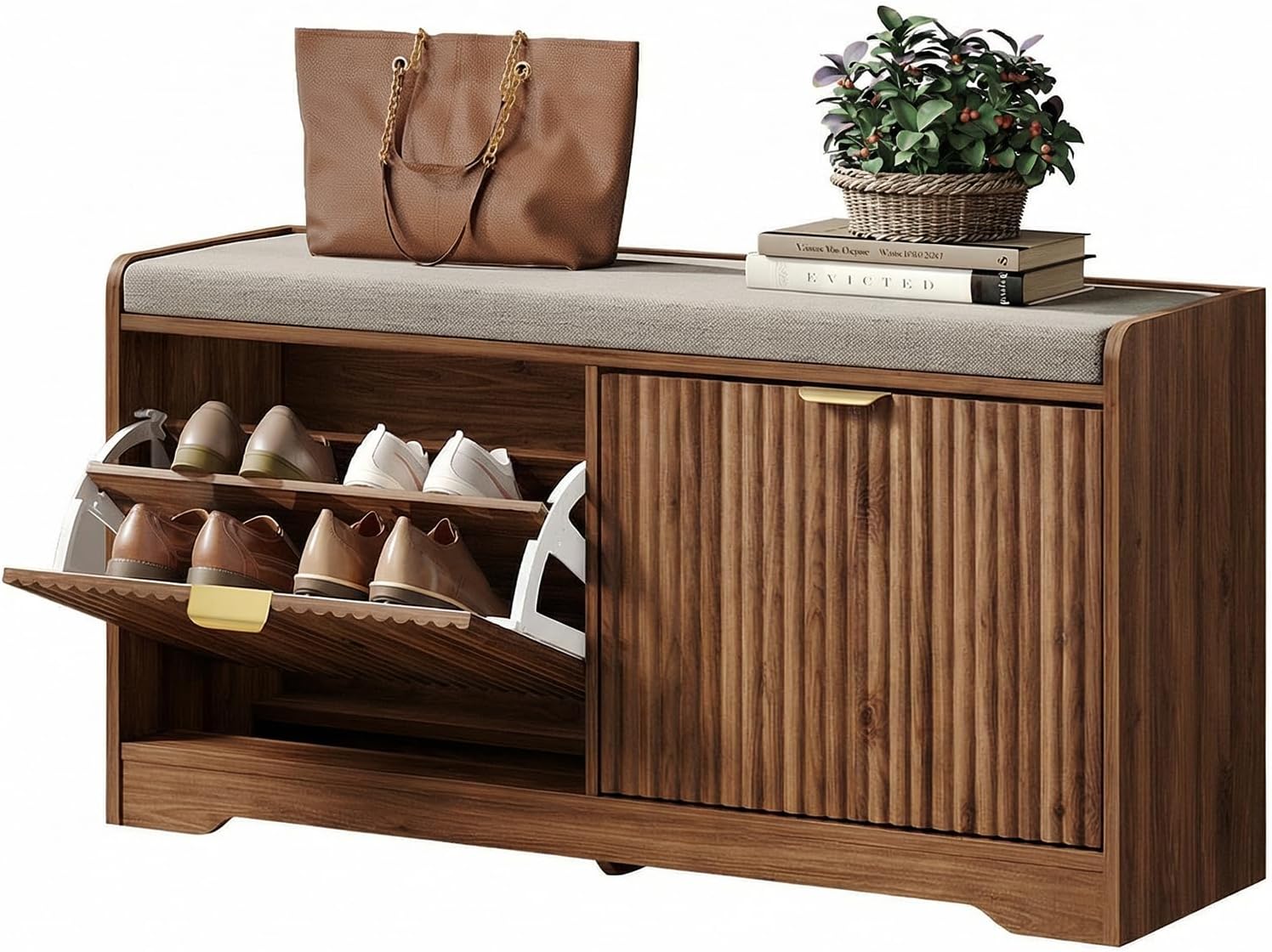 Maupvit Fluted Shoe Bench with 2 Flip-Drawers, 39.4" Narrow Entryway Bench with Shoe Storage and Seat Cushion, Adjustable Shelf, Walnut Hidden Shoe Rack Bench for Front Door Entrance, Hallway
