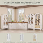 LIVAUVEAD 67" Tall Arched Kitchen Pantry Cabinet with Hidden Drawers & Adjustable Shelves, Bookshelf with Glass Door, Arched Cabinet for Kitchen, Dining Room