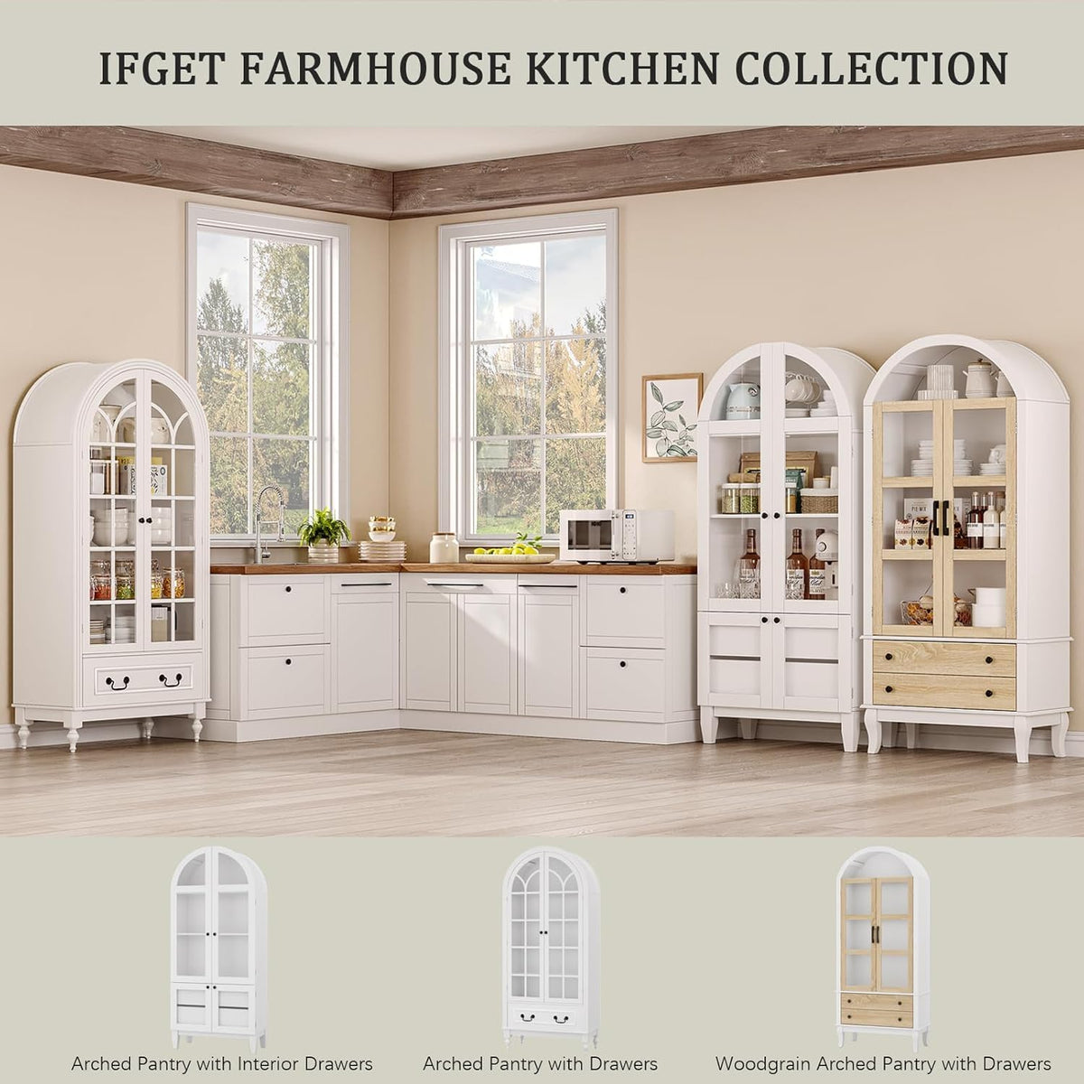 LIVAUVEAD 67" Tall Arched Kitchen Pantry Cabinet with Hidden Drawers & Adjustable Shelves, Bookshelf with Glass Door, Arched Cabinet for Kitchen, Dining Room