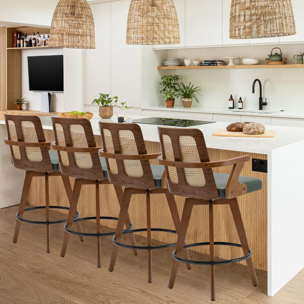 Swivel Counter Stools with Arms, Kitchen Island Stools with Rattan Back | Walnut Bentwood Frame, Curved Arms, Upholstered Seat, Adjustable Bamboo Legs, Counter Top Stools for Island, Pub, Kitchen