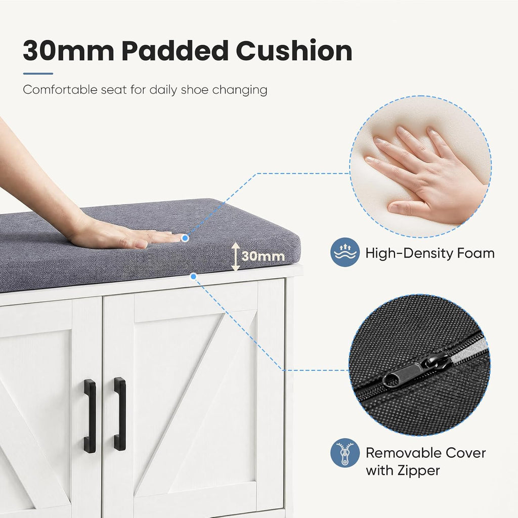 NEWBULIG Shoe Storage Bench for Entryway with Cushion, 27.6IN, White | Shoe Organizer Cabinet with Padded Cushion and Doors, Adjustable Shelves, Shoes Bench for Hallway, Mudroom, Bedroom