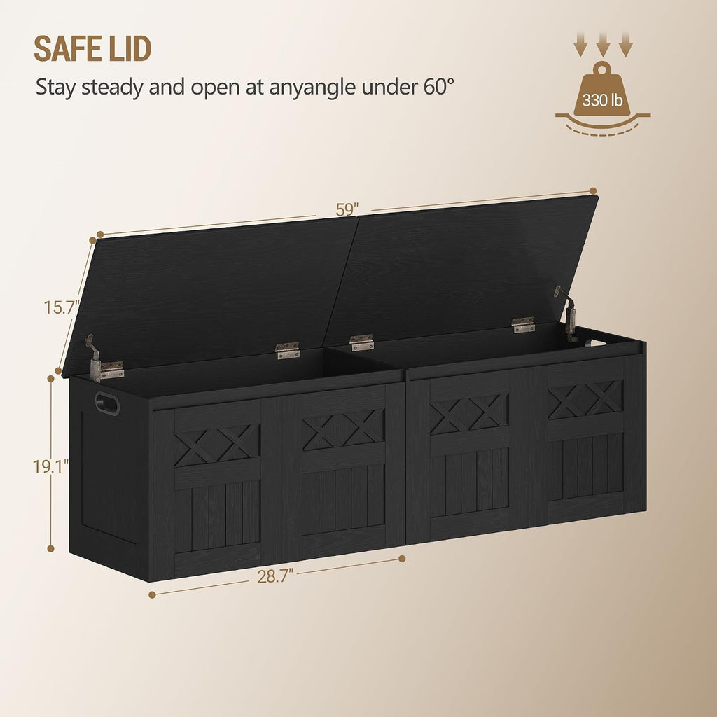 Hzuaneri 59" Rustic Storage Chest and Bench | 70 Gal | 330lb Seat | Soft-Close Hinges | Rustic Black | Shoe and Blanket Storage for Bedroom, Living Room, Entryway | SB51504X