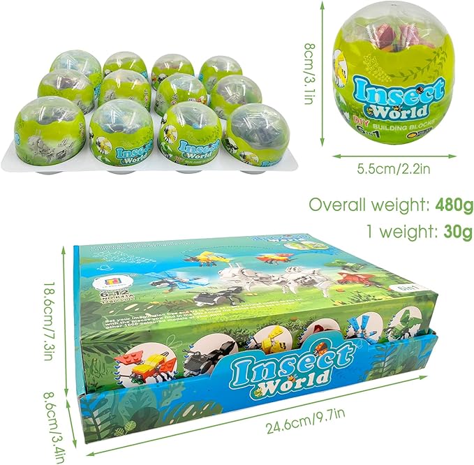 Mini Building Block Sets, 12PCS Insects Building Blocks, 6 in 1 STEM Toys Eggs Building Sets, Party Favors for Kids Goodie Bags Prizes/Birthday Gifts
