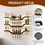 39.4in 3-Tier Floating Metal Wine Rack, Modern Wall Mounted Wine Shelf with LED Lights & Wine Glass Rack, Large Hanging Liquor Shelf Wall Mounted for Bar Home Dining Room Cafe Decorative, Black
