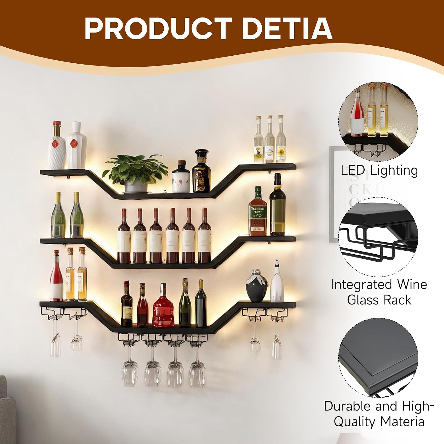 39.4in 3-Tier Floating Metal Wine Rack, Modern Wall Mounted Wine Shelf with LED Lights & Wine Glass Rack, Large Hanging Liquor Shelf Wall Mounted for Bar Home Dining Room Cafe Decorative, Black