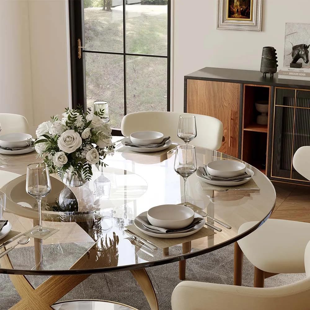 POVISON 51" Modern Round Dining Table, Glass Round Kitchen Table for 4, Tempered Glass Dining Room Table top with Bronze X Carbon Steel Base (Dining Table Only)