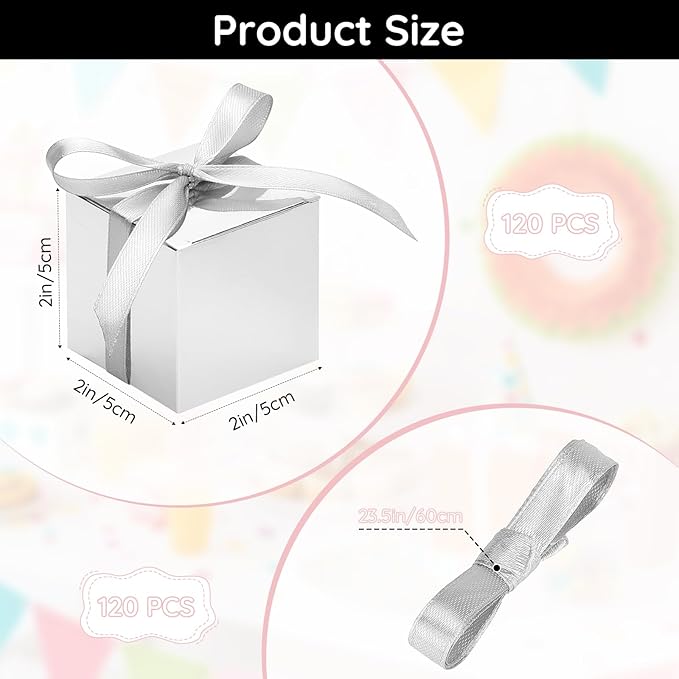 EUSOAR Small Gift Boxes with Lids, 120pcs 2x2x2 Inches Silver Party Favor Box Advent Calendar Boxes with Ribbon, Cube Candy Box Mini Muffins Bags Macaron Container for Wedding Birthday Party Supplies