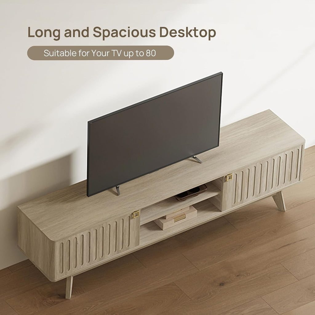 SICOTAS Fluted Modern TV Stand, 70" TV Console for Living Room | Mid Century Entertainment Center with Storage Cabinets, Media Console Table for 65/75/80 Inch TV, Light Oak