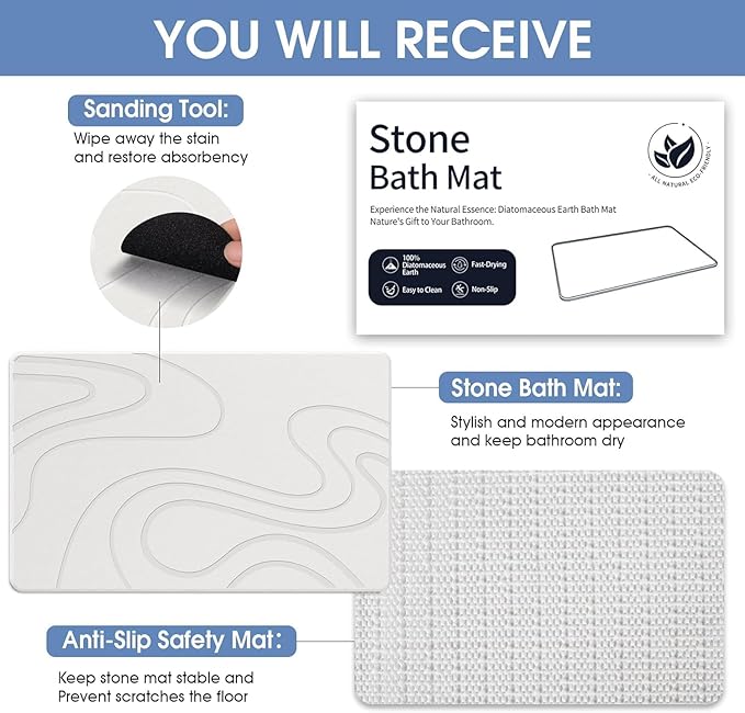Stone Bath Mat Diatomaceous Earth Shower Mat Non-Slip Super Absorbent Diatomite Stone Mats for Bathroom Floor/Kitchen Counter Quick Drying Natural Easy to Clean(23.6''×15.4" White)