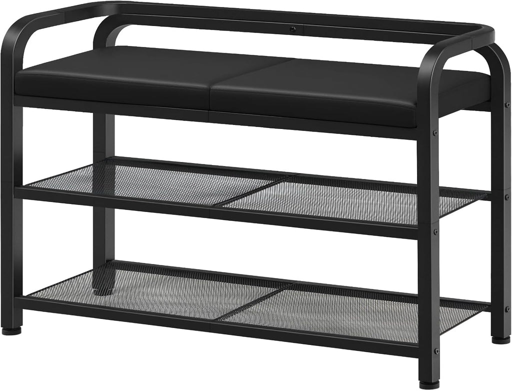 YATINEY Shoe Bench with Backrest, Entryway Bench, 2-Tier Shoe Rack with PU Padded Seat, Upholstered Shoe Storage Bench with Back, for Hallway, Entryway, Foyer, Bedroom, Black HX04BB