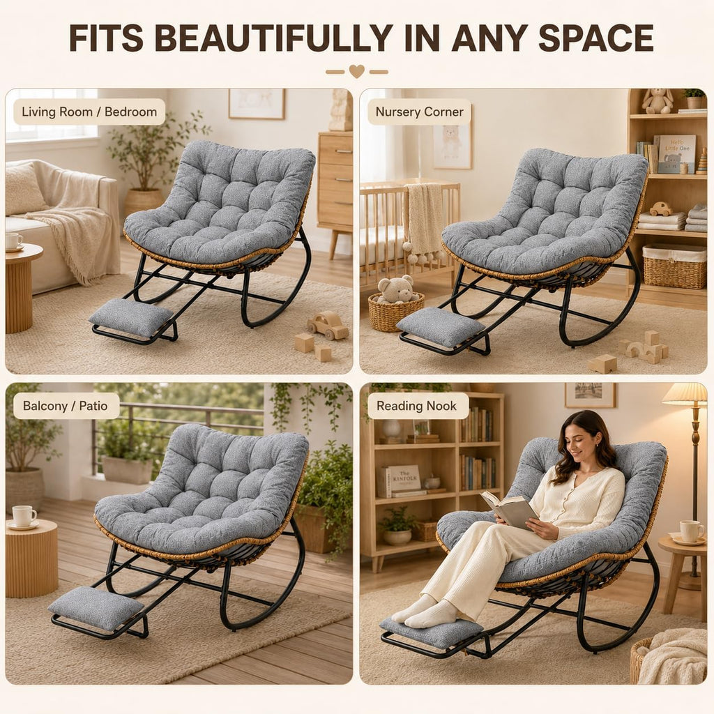 Oversized Rocking Chair with Zero-Gravity Foot Rest & Ottoman, Comfy Lounge Chair for Patio, Porch, Balcony, Indoor Reading Nook, Big Cozy Chaise Chair for Outdoor & Home Use, Grey