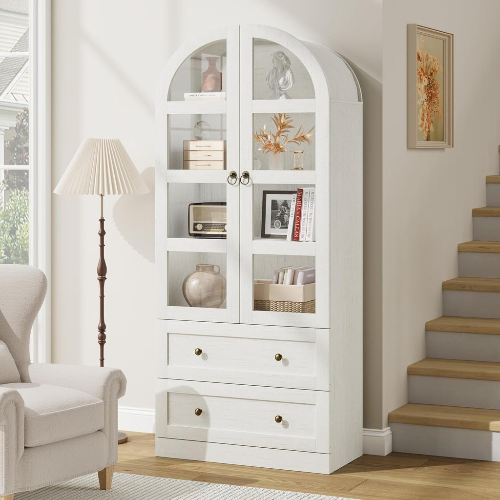 72" Tall Arched Kitchen Pantry Cabinet,Wood Arched Bookshelf with 2 Doors, 2 Drawers, Adjustable Shelves,Versatile Sideboard Buffet for Dining & Living Room,White